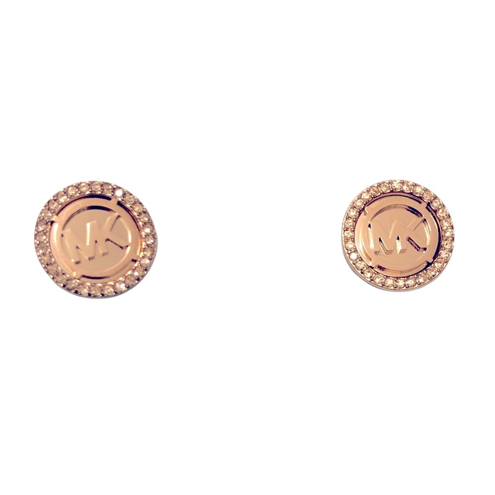 HP 🥳 MICHAEL KORS Rose Gold Tone Stud Earrings With MK Logo & Clear Rhinestones